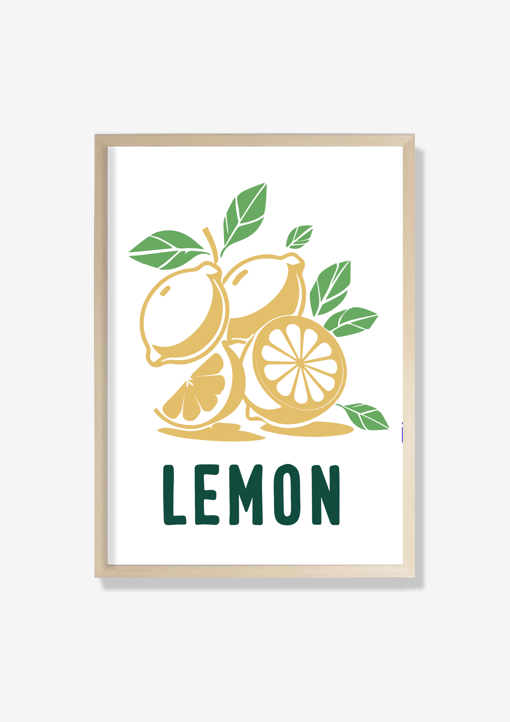 Vibrant lemon fruit art print with green leaves, perfect for modern kitchen decor.