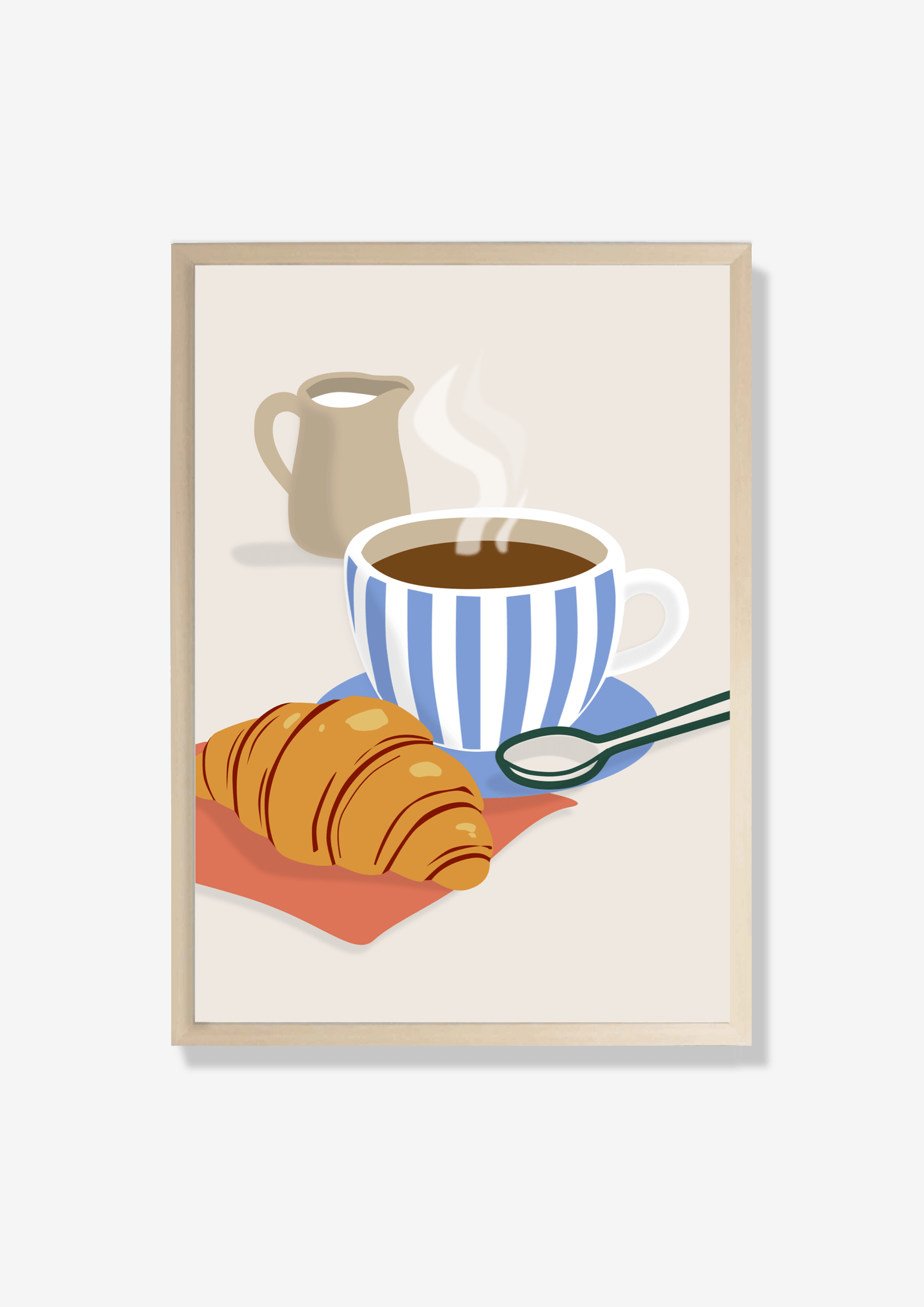 Cozy coffee and croissant print, perfect kitchen wall art for breakfast lovers, featuring a striped cup and golden croissant.