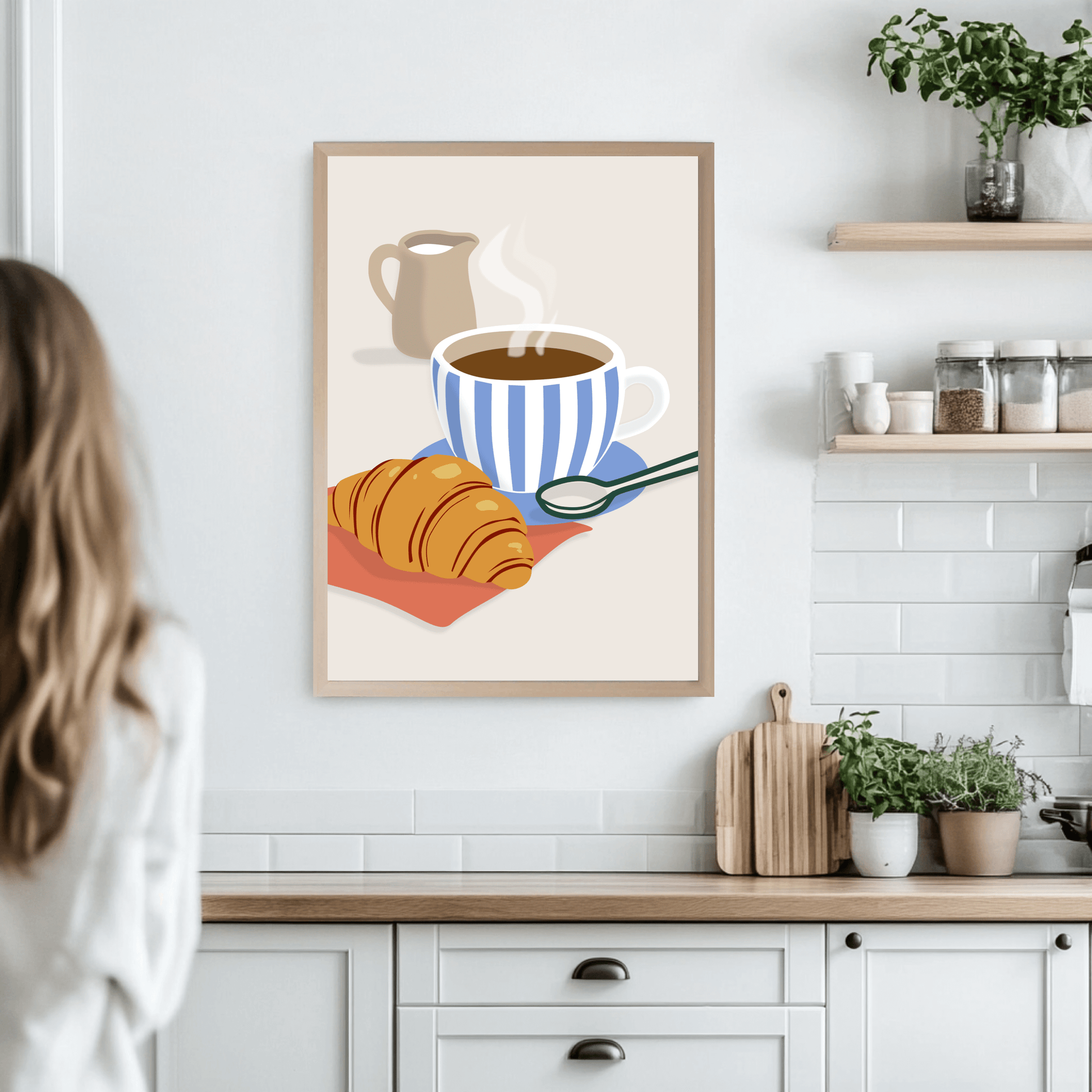 Cozy kitchen wall art featuring a coffee cup, croissant, and vintage jug, perfect for breakfast lovers.