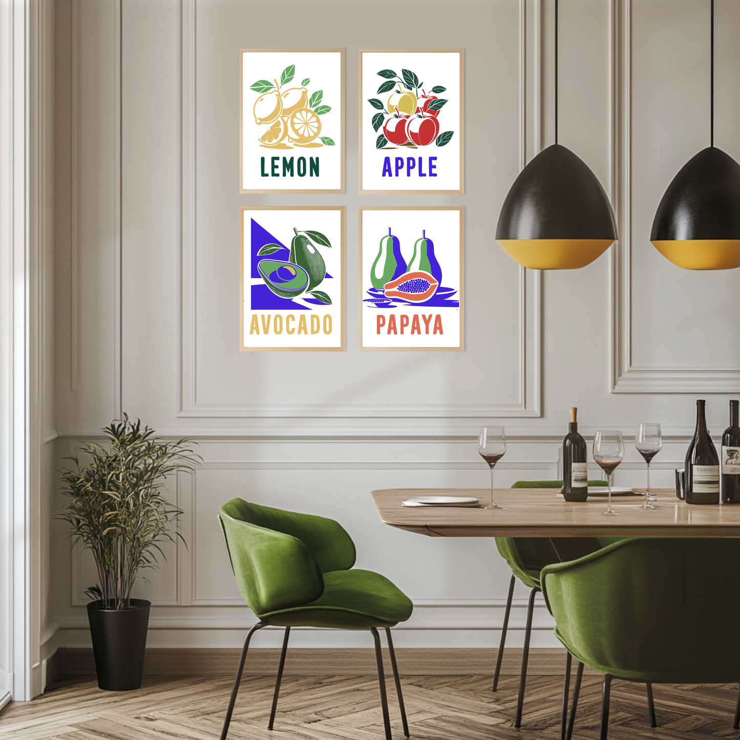 Vibrant fruit art wall set featuring lemon, apple, avocado, and papaya prints, perfect for modern home decor.