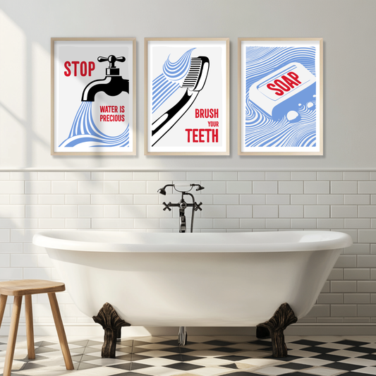 set of three Bathroom print featuring a bold illustration of flowing water, teeth brush, and soap - Perfect for adding a playful and motivational touch to your bathroom decor