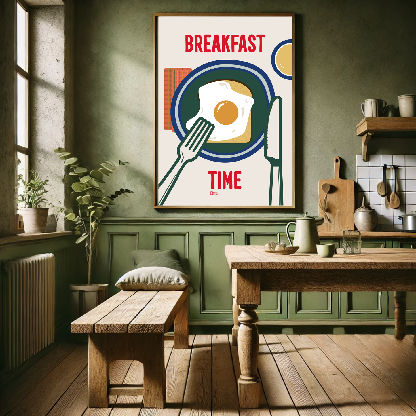 Colorful and modern breakfast-themed poster featuring a fried egg on toast with a fork and knife. The bold red text 'Breakfast Time' stands out, emphasizing the morning meal in a playful and inviting way. Ideal for kitchens, cafes, and dining areas, this vibrant design captures the essence of a classic breakfast moment. The simple yet stylish illustration brings a warm and welcoming atmosphere, perfect for adding a cheerful touch to any space.