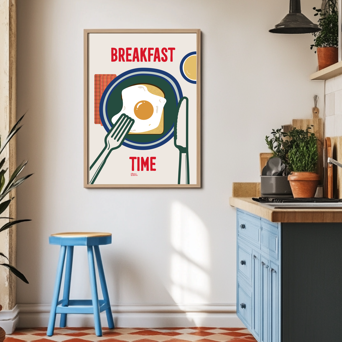 Colorful and modern breakfast-themed poster featuring a fried egg on toast with a fork and knife. The bold red text 'Breakfast Time' stands out, emphasizing the morning meal in a playful and inviting way. Ideal for kitchens, cafes, and dining areas, this vibrant design captures the essence of a classic breakfast moment. The simple yet stylish illustration brings a warm and welcoming atmosphere, perfect for adding a cheerful touch to any space.