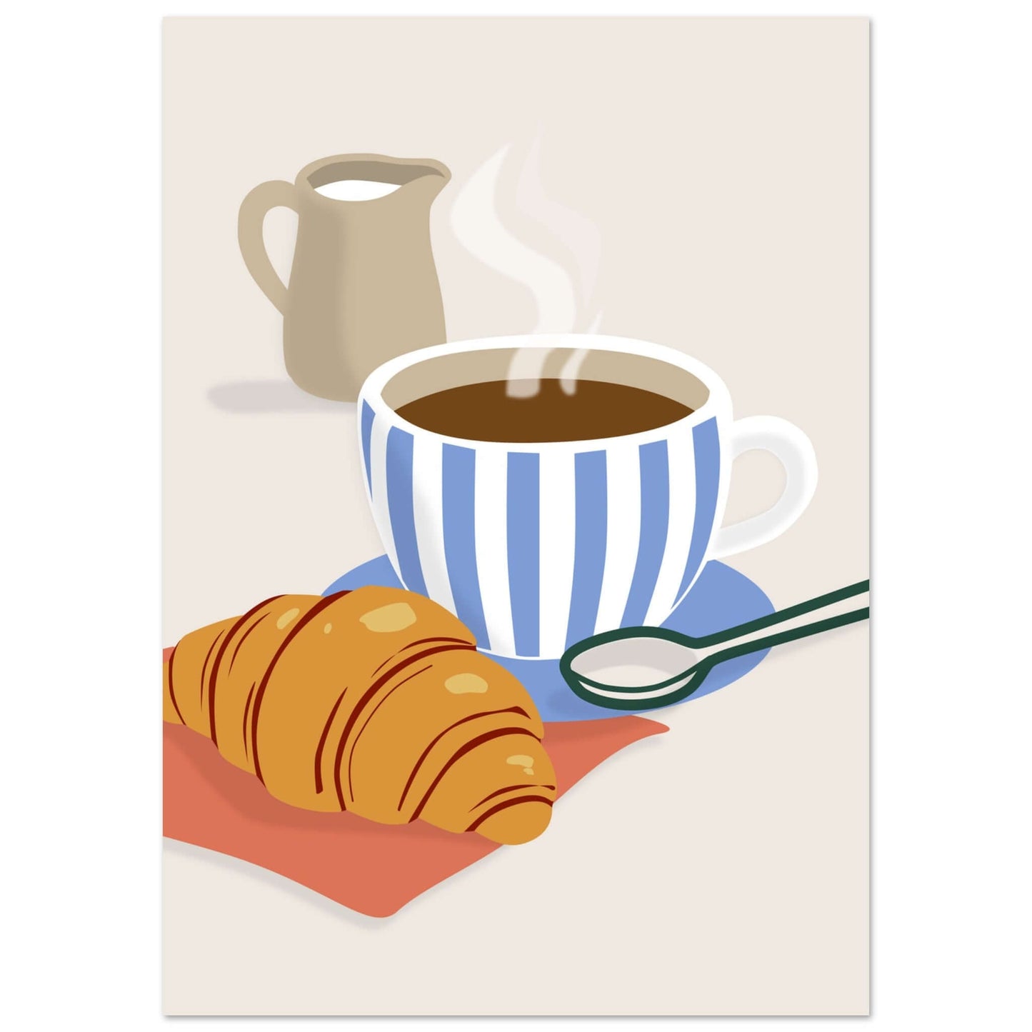 Coffee cup with steaming coffee and a golden croissant, cozy kitchen wall art for breakfast lovers.