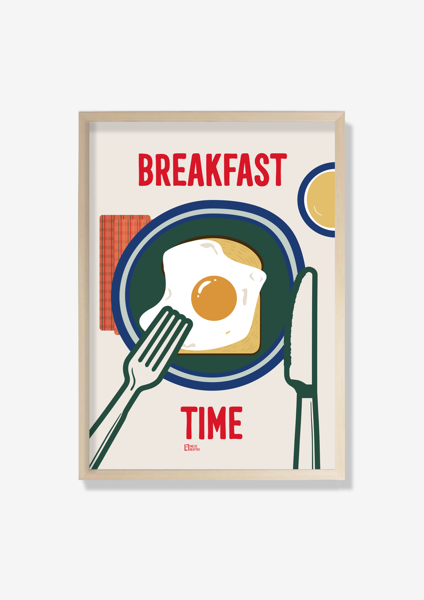 Colorful and modern breakfast-themed poster featuring a fried egg on toast with a fork and knife. The bold red text 'Breakfast Time' stands out, emphasizing the morning meal in a playful and inviting way. Ideal for kitchens, cafes, and dining areas, this vibrant design captures the essence of a classic breakfast moment. The simple yet stylish illustration brings a warm and welcoming atmosphere, perfect for adding a cheerful touch to any space.