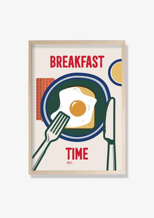 Colorful and modern breakfast-themed poster featuring a fried egg on toast with a fork and knife. The bold red text 'Breakfast Time' stands out, emphasizing the morning meal in a playful and inviting way. Ideal for kitchens, cafes, and dining areas, this vibrant design captures the essence of a classic breakfast moment. The simple yet stylish illustration brings a warm and welcoming atmosphere, perfect for adding a cheerful touch to any space.