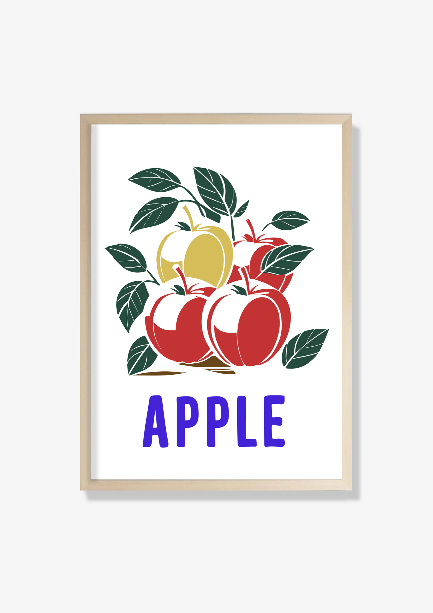 Colorful apple illustration art print with vibrant leaves and text, perfect for modern fruit-themed home decor.